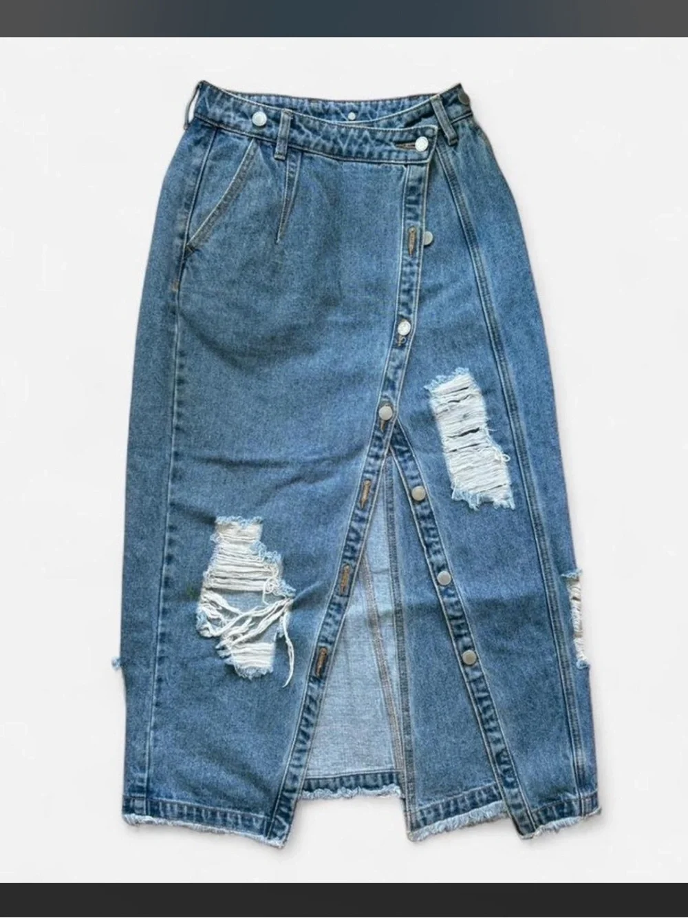 Asymmetrical Denim Midi Skirt<3